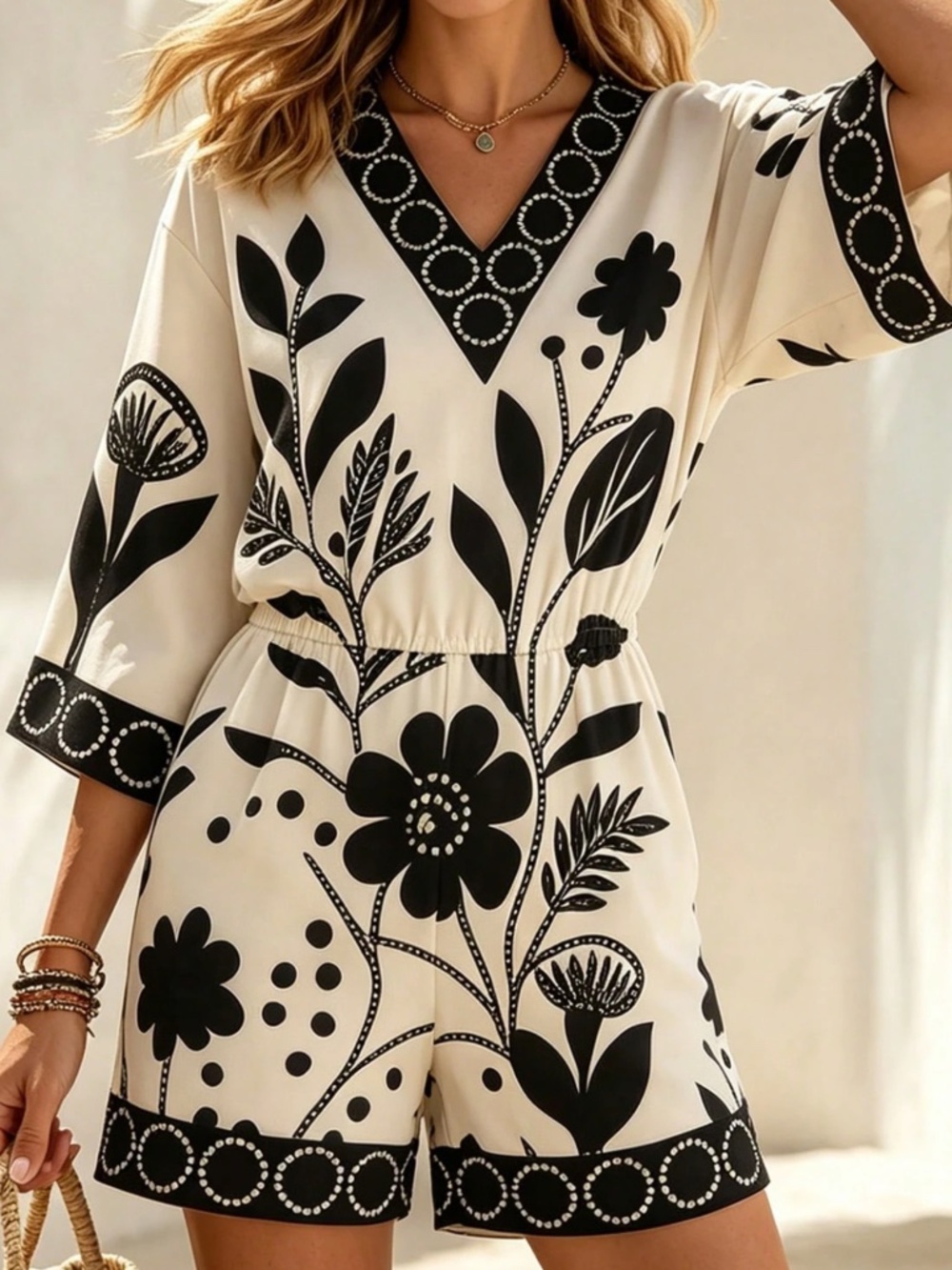 Classic Floral Print V neck Short Sleeve Romper - Picture 3 of 5